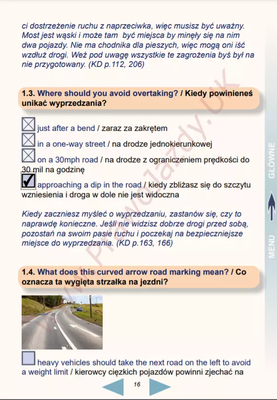 Questions and answers driving theory test UK in Polish